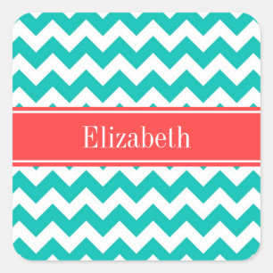Blauwgroen Witte Chevron ZigZag Coral Name Monogra Vierkante Sticker