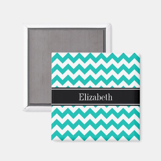Blauwgroen Witte Chevron ZigZag Zwarte Naam Monogr Magneet (Voorkant / Achterkant)