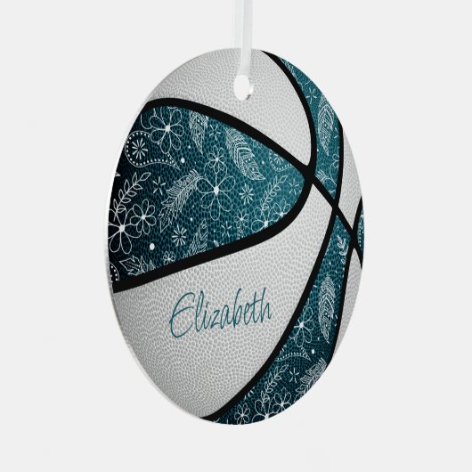 blauwgroen witte doodle floral boho basketbal metalen ornament (Voorkant Rechts)