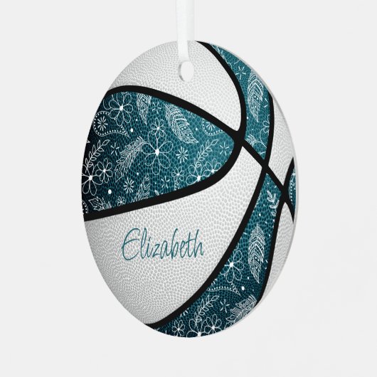blauwgroen witte doodle floral boho basketbal metalen ornament (Voorkant links)