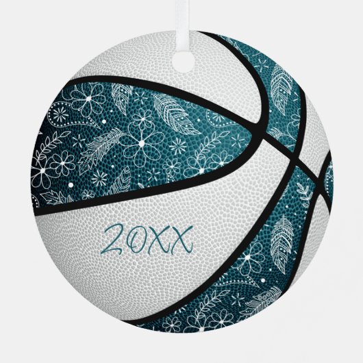 blauwgroen witte doodle floral boho basketbal metalen ornament (Achterkant)