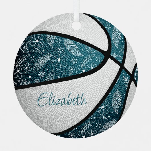 blauwgroen witte doodle floral boho basketbal metalen ornament (Voorkant)