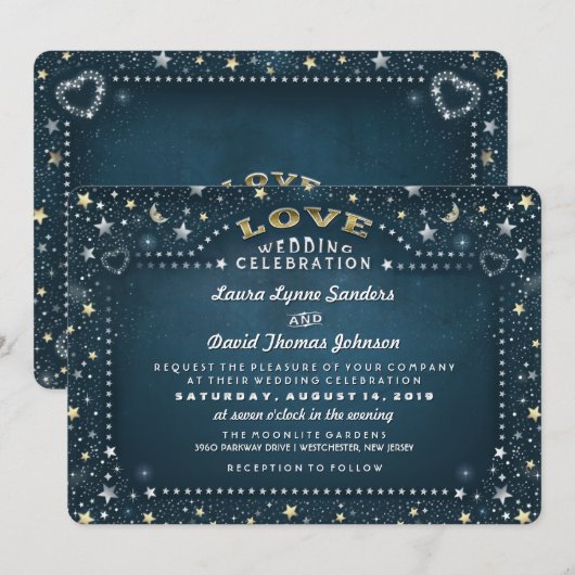 Blauwgroen witte en gouden maan en sterrenliefdesw kaart (Voorkant / Achterkant)