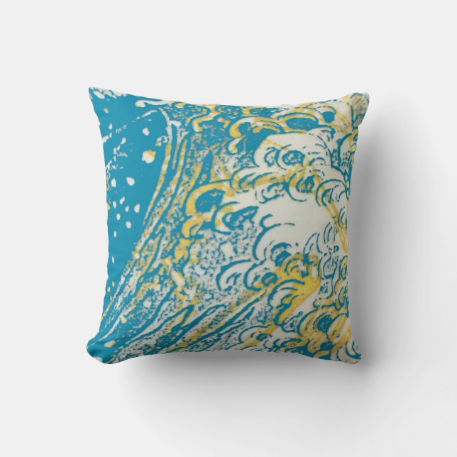 Blauwgroen witte gele golven design kussen (Voorkant)