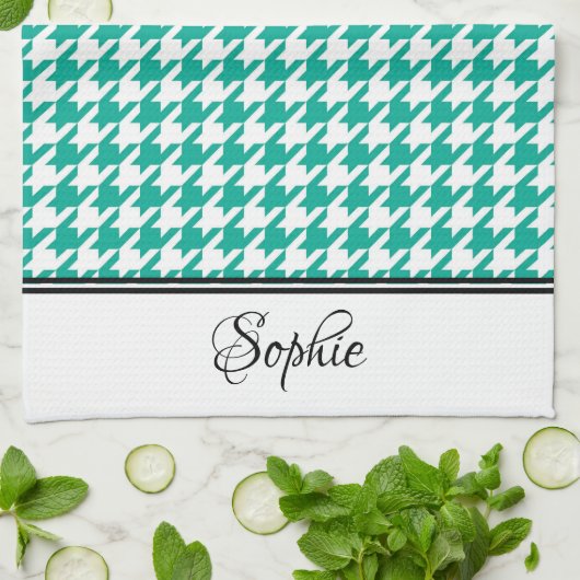 Blauwgroen & Witte Houndstooth Gepersonaliseerd Theedoek (Gevouwen)
