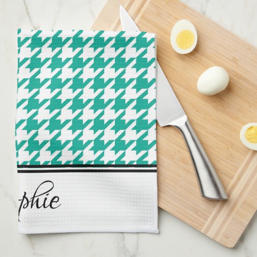 Blauwgroen & Witte Houndstooth Gepersonaliseerd Theedoek (Quarter Fold)