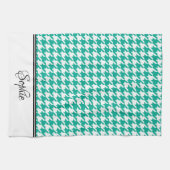Blauwgroen & Witte Houndstooth Gepersonaliseerd Theedoek (Horizontaal)