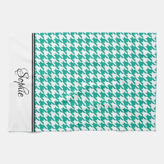 Blauwgroen & Witte Houndstooth Gepersonaliseerd Theedoek (Horizontaal)