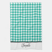 Blauwgroen & Witte Houndstooth Gepersonaliseerd Theedoek (Verticaal)