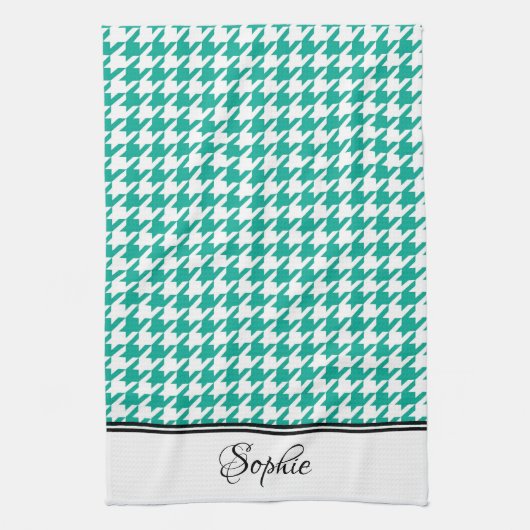 Blauwgroen & Witte Houndstooth Gepersonaliseerd Theedoek (Verticaal)