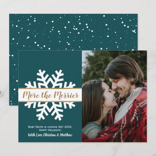 Blauwgroen-witte kerstfoto Zwangerschap Aankondigi Aankondiging (Voorkant / Achterkant)