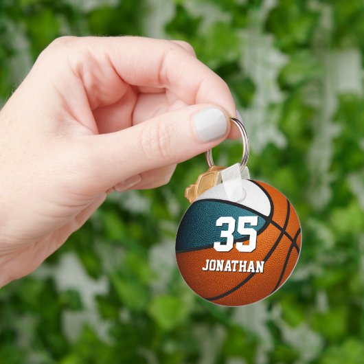 blauwgroen witte kinder basketbalteamkleuren sleutelhanger (Hand)
