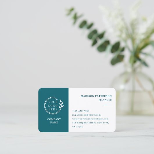 Blauwgroen witte Logo QR code minimalistisch moder Visitekaartje (Staand voorkant)