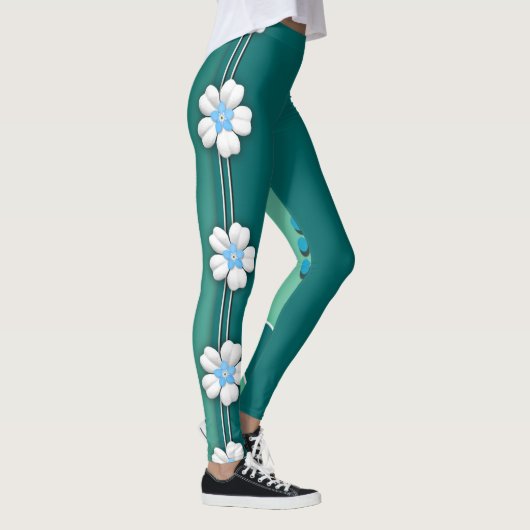Blauwgroen witte Lotus Water Lily Heart Leggings (Rechts)