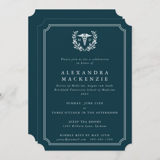 Blauwgroen/witte MD Doctor Caduceus Afstuderen Kaart (Voorkant / Achterkant)