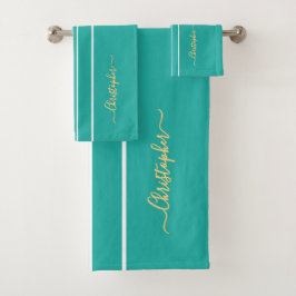Blauwgroen witte racestrepen Faux Gold Monogrammed Bad Handdoek