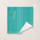 Blauwgroen witte racestrepen Faux Gold Monogrammed Bad Handdoek (Wasdoekje)