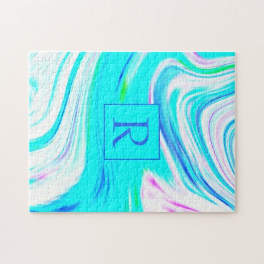 Blauwgroen Witte Roze Golven Monogram Abstracte Pa Legpuzzel (Horizontaal)
