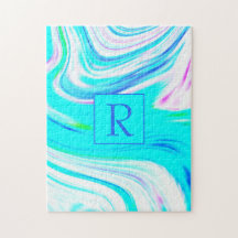 Blauwgroen Witte Roze Golven Monogram Abstracte Pa
