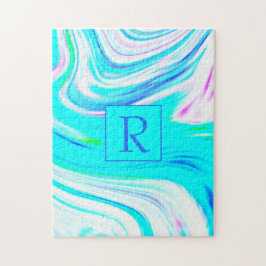 Blauwgroen Witte Roze Golven Monogram Abstracte Pa Legpuzzel