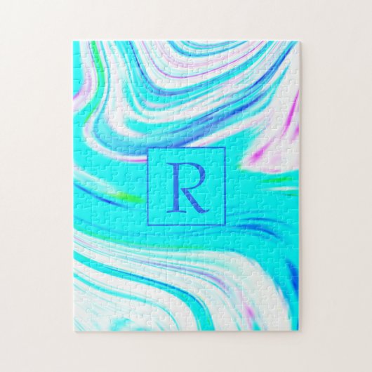 Blauwgroen Witte Roze Golven Monogram Abstracte Pa Legpuzzel (Verticaal)