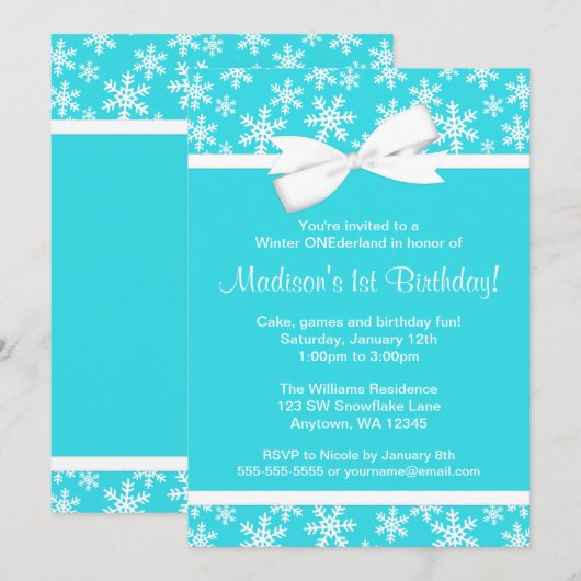 Blauwgroen witte sneeuwvlokken Bow Winter ONEderla Kaart (Voorkant / Achterkant)