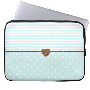 Blauwgroen witte stippen strepen goudnevel glitter laptop sleeve