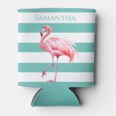 Blauwgroen witte strepen roze flamingo gepersonali blikjeskoeler (Voorkant)