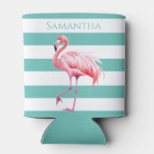 Blauwgroen witte strepen roze flamingo gepersonali blikjeskoeler (Achterkant)