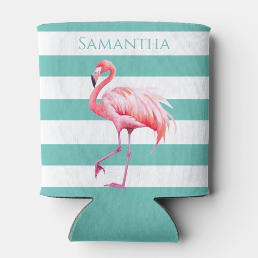 Blauwgroen witte strepen roze flamingo gepersonali blikjeskoeler (Achterkant)