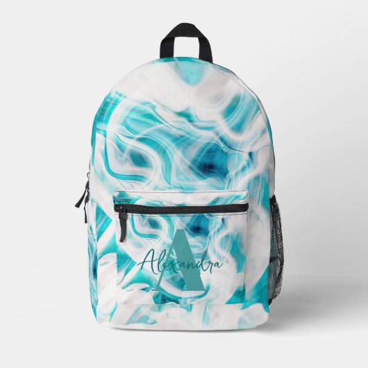 Blauwgroen Witte Vloeibare Swirls Abstracte Monogr Bedrukte Rugzak (Voorkant)