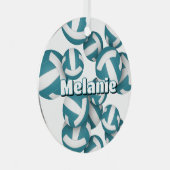 blauwgroen witte volleyballen w atleet naam keepsa metalen ornament (Voorkant Rechts)