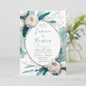 Blauwgroen witte Waterverf Peony Floral Oval Wedde Kaart (Staand voorkant)