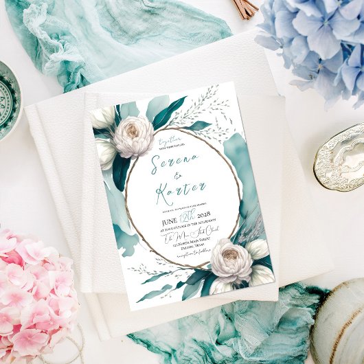 Blauwgroen witte Waterverf Peony Floral Oval Wedde Kaart