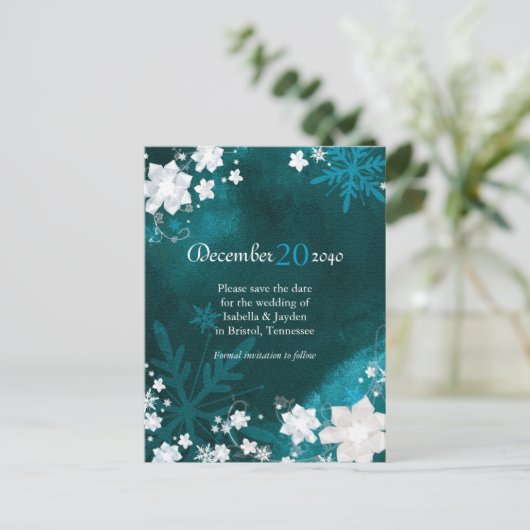 Blauwgroen witte winterbruiloft sparen de Datum Aankondigingskaart (Staand voorkant)