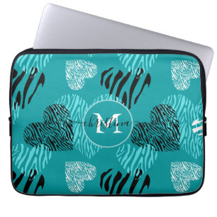 Blauwgroen witte Zebra Afdrukken Hoormonogram Laptop Sleeve