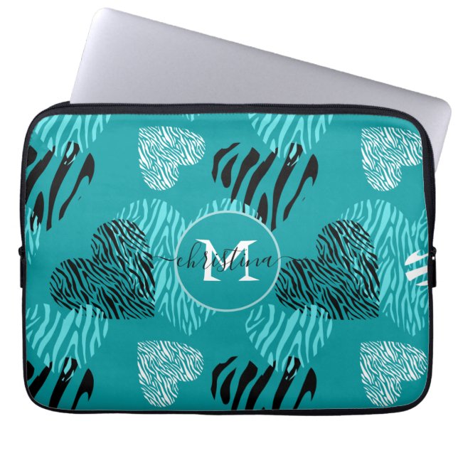 Blauwgroen witte Zebra Afdrukken Hoormonogram Laptop Sleeve (Voorkant)