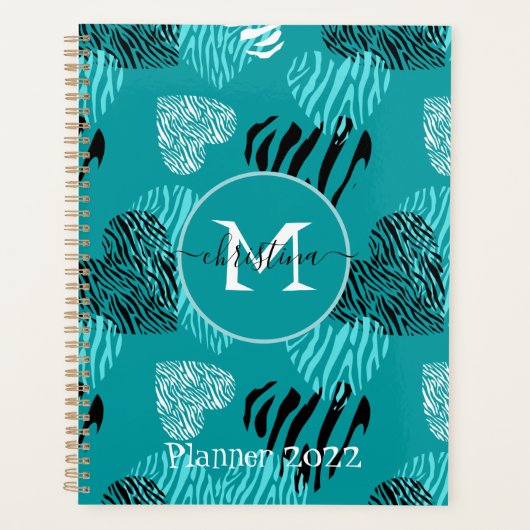 Blauwgroen witte Zebra Afdrukken Hoormonogram Planner (Voorkant)