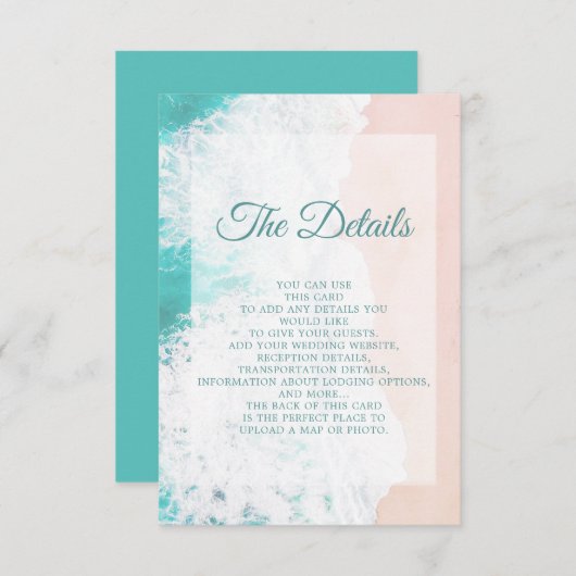Blauwgroen wittebeach Ocean Wedding Details Informatiekaartje (Voorkant / Achterkant)
