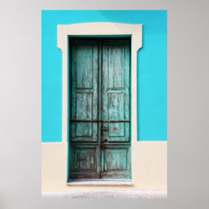 BLAUWGROEN WOODEN DEUR GESLOTEN POSTER