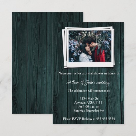 Blauwgroen Wooden Foto Vrijgezellenfeest Uitnodige Kaart (Voorkant / Achterkant)