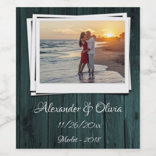 Blauwgroen Wooden Foto Weddenschap Wijn Label Wijn Etiket (Enkel label)