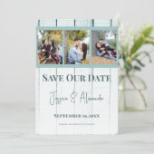 Blauwgroen Wooden fotocollage slaat de datum op Save The Date (Staand voorkant)