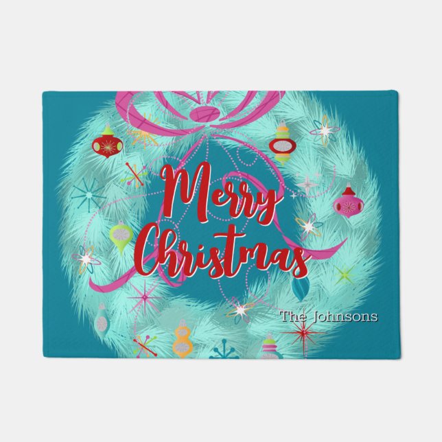 Blauwgroen Wreator Retro Kerstmis Deurmat (Voorkant)