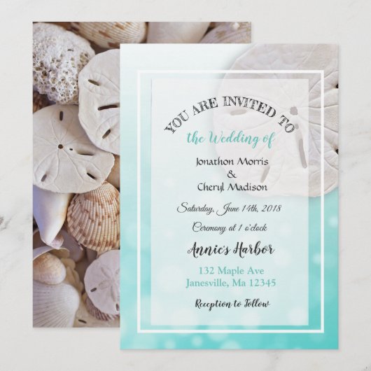 Blauwgroen Zand Dollar Strand Thema Bruiloft Uitno Kaart (Voorkant / Achterkant)