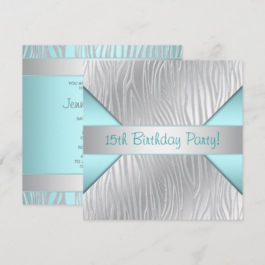 Blauwgroen Zebra Elegante 15e verjaardagsuitnodigi Kaart (Voorkant / Achterkant)