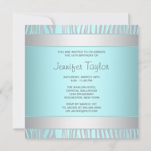 Blauwgroen Zebra Elegante 15e verjaardagsuitnodigi Kaart (Achterkant)