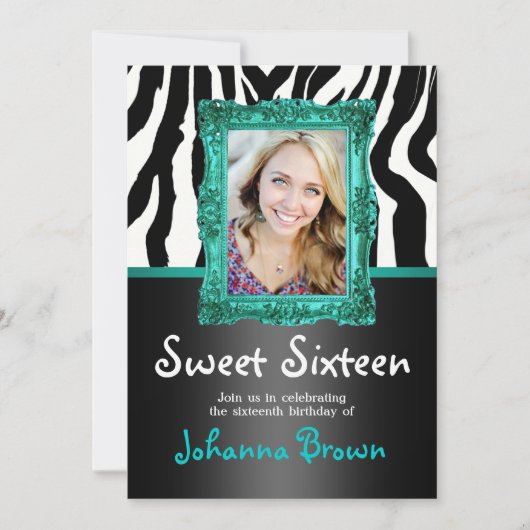 Blauwgroen Zebra - Foto - Sweet 16 Uitnodiging (Voorkant)
