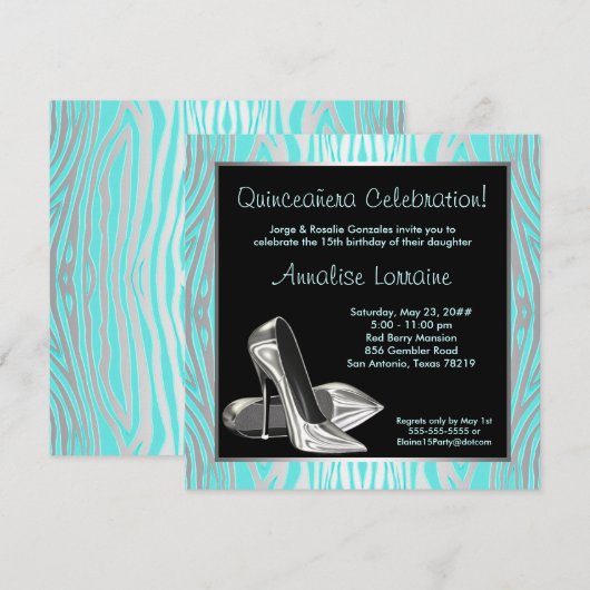 Blauwgroen Zebra High Heels Quinceanera 15e Partij Kaart (Voorkant / Achterkant)