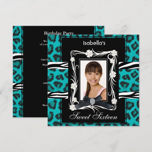 Blauwgroen Zebra Lopard Sweet Sixteen 16 Black Whi Kaart (Voorkant / Achterkant)
